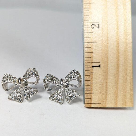 Rhinestone Silver Bow Stud Post Fun Fashion Earrings - Picture 7 of 11